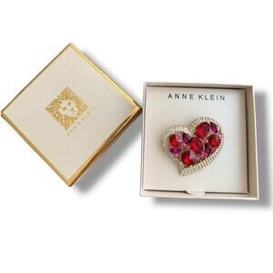 New Anne Klein Gold Tone Red Stone & Crystal Heart Pin Brooch